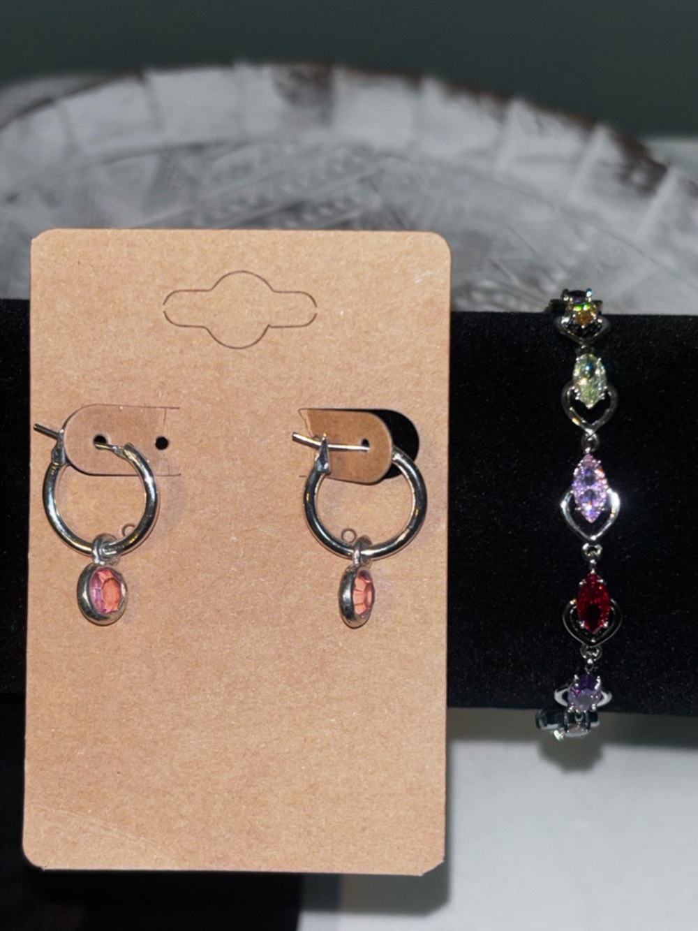 18k White Gold Plated Multi-Stone Bracelet and Pink Hoop Earrings Set